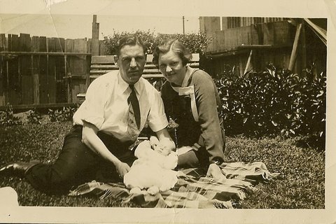 1948_ JakeAnn-neeMaloney-MahonwithInfant_ca1948.jpg - 1948 Jake and Ann (nee Maloney) Mahon with little Johnny.